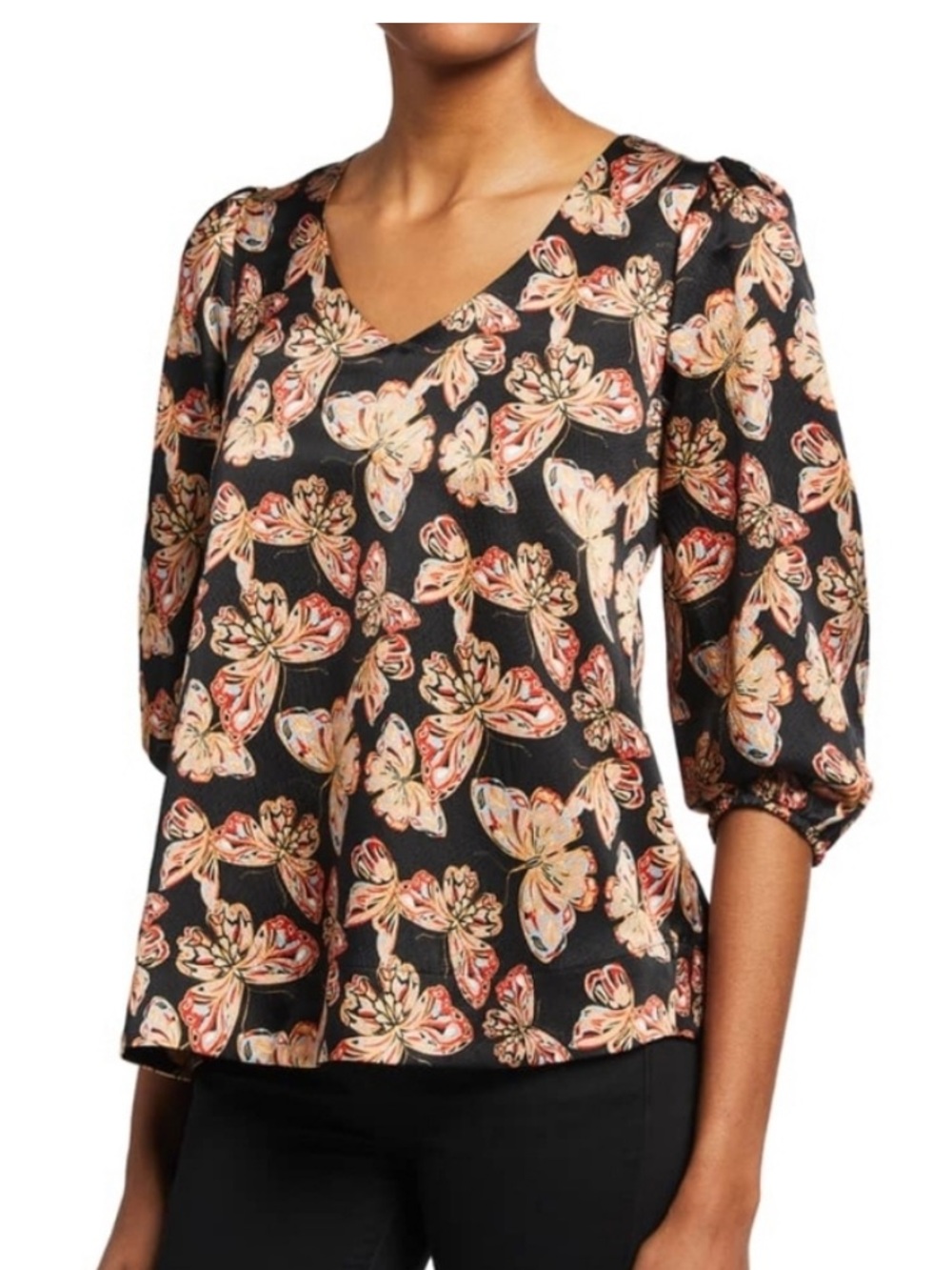 Johnny Was Silk Akil Butterfly Print Top